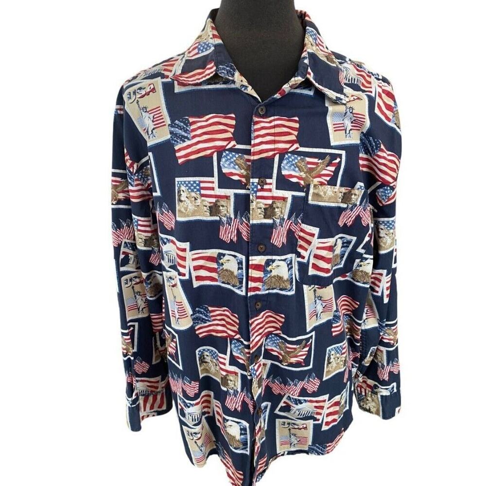 XXL Cotton Traders Sport American Flag Print Button Down Shirt